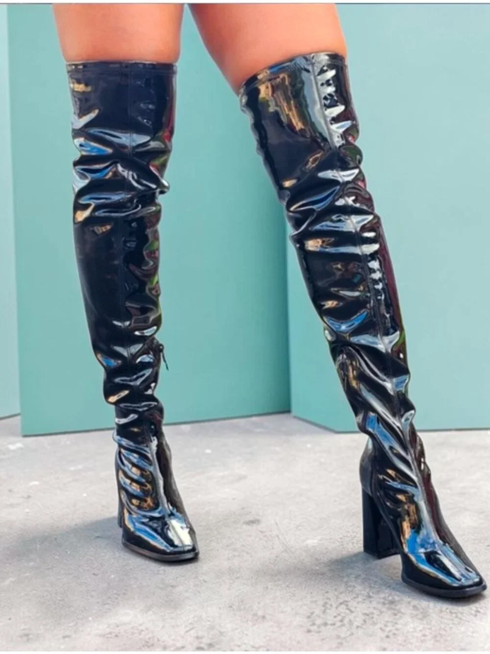 Over-The-Knee Black Patent Leather Block Heel Boots